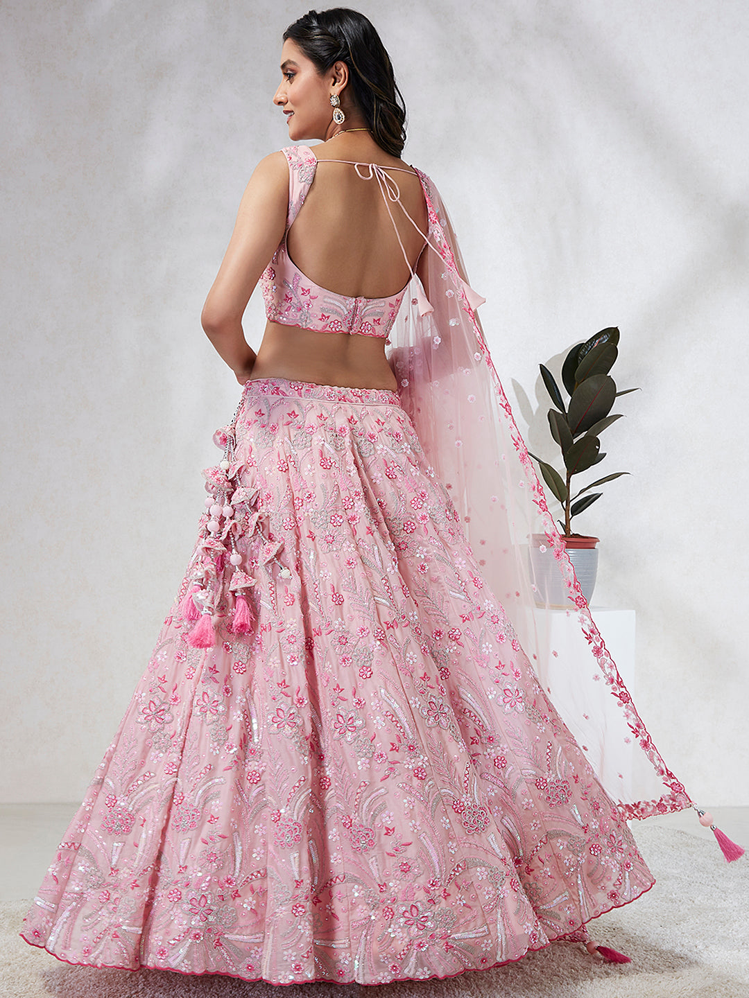 House of Panchhi Pink Georgette Sequins And Thread Embroidery Lehenga Choli & Dupatta | Grocsy