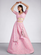 House of Panchhi Pink Net Sequins, Zarkan And Thread Embroidery Lehenga Choli & Dupatta | Grocsy
