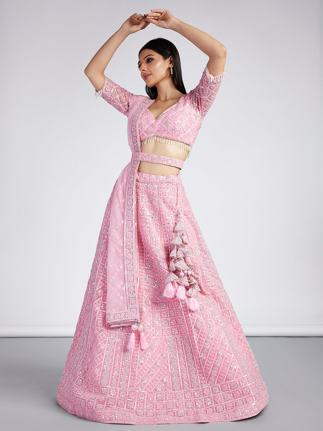 House of Panchhi Pink Net Sequins, Zarkan And Thread Embroidery Lehenga Choli & Dupatta | Grocsy