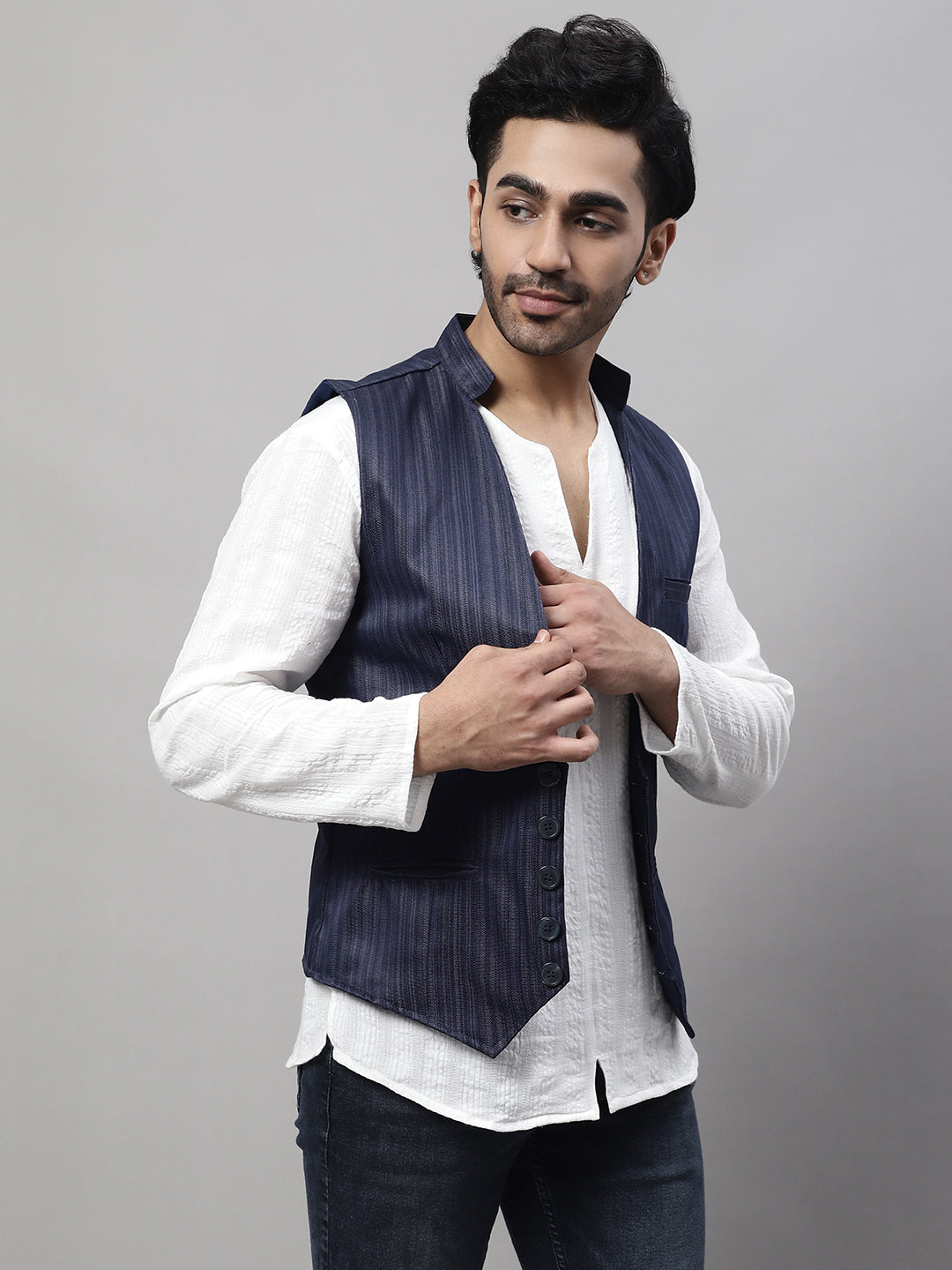 Even Apparels Men's Blue Nehru Jacket With Welt Pockets | Grocsy
