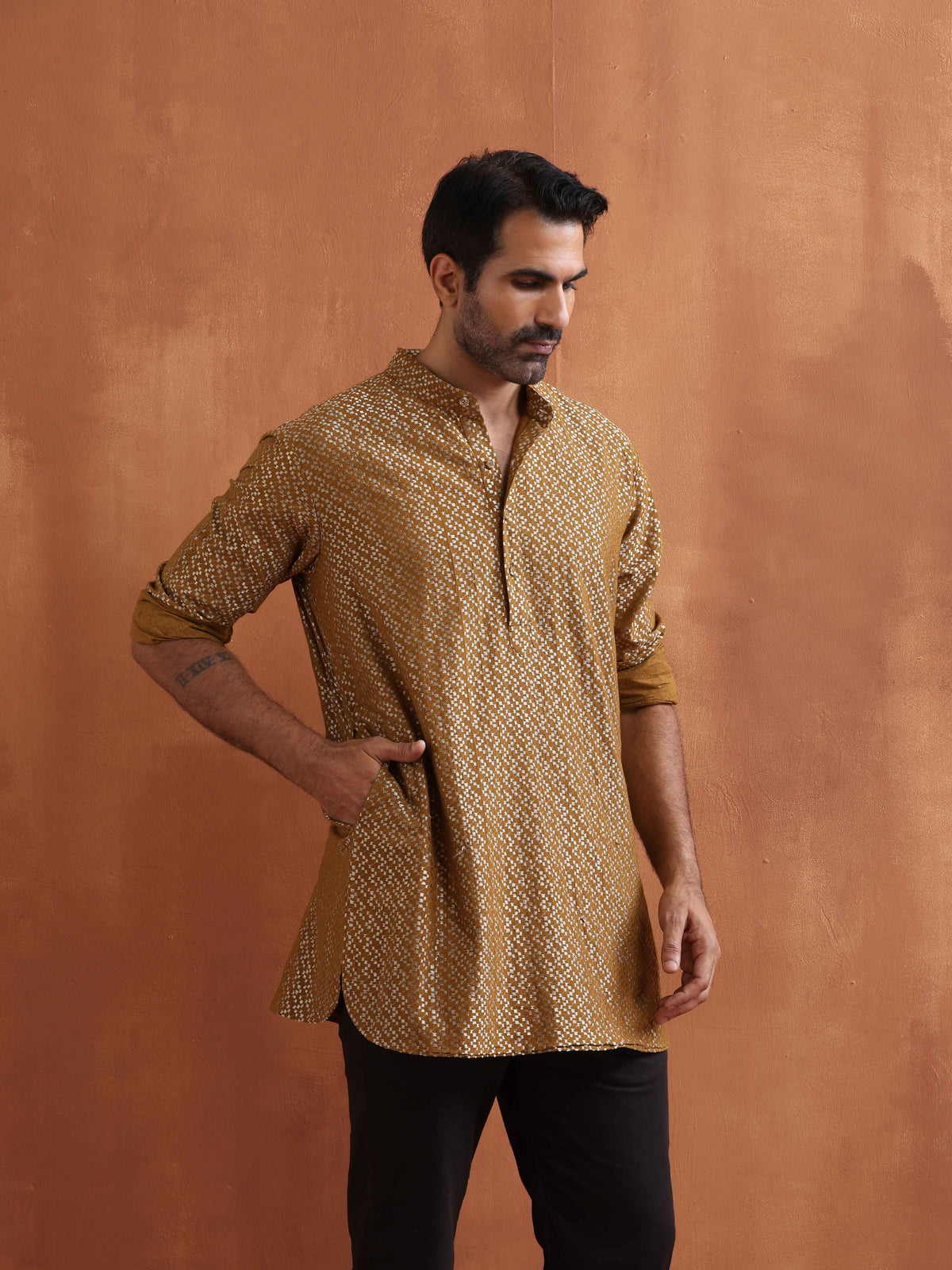 trueBrowns Men's Mustard Cotton Dobby Short Kurta | Grocsy