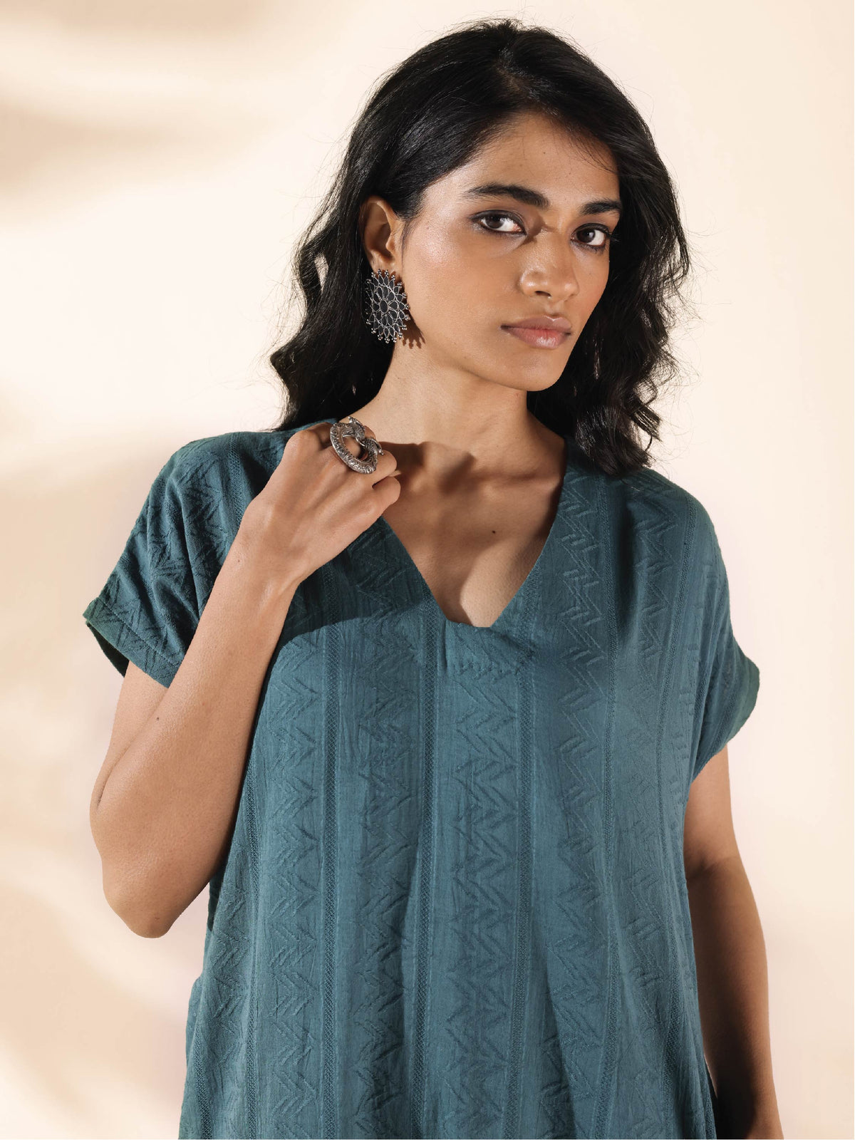 trueBrowns Turquoise Cotton Dobby Dress | Grocsy