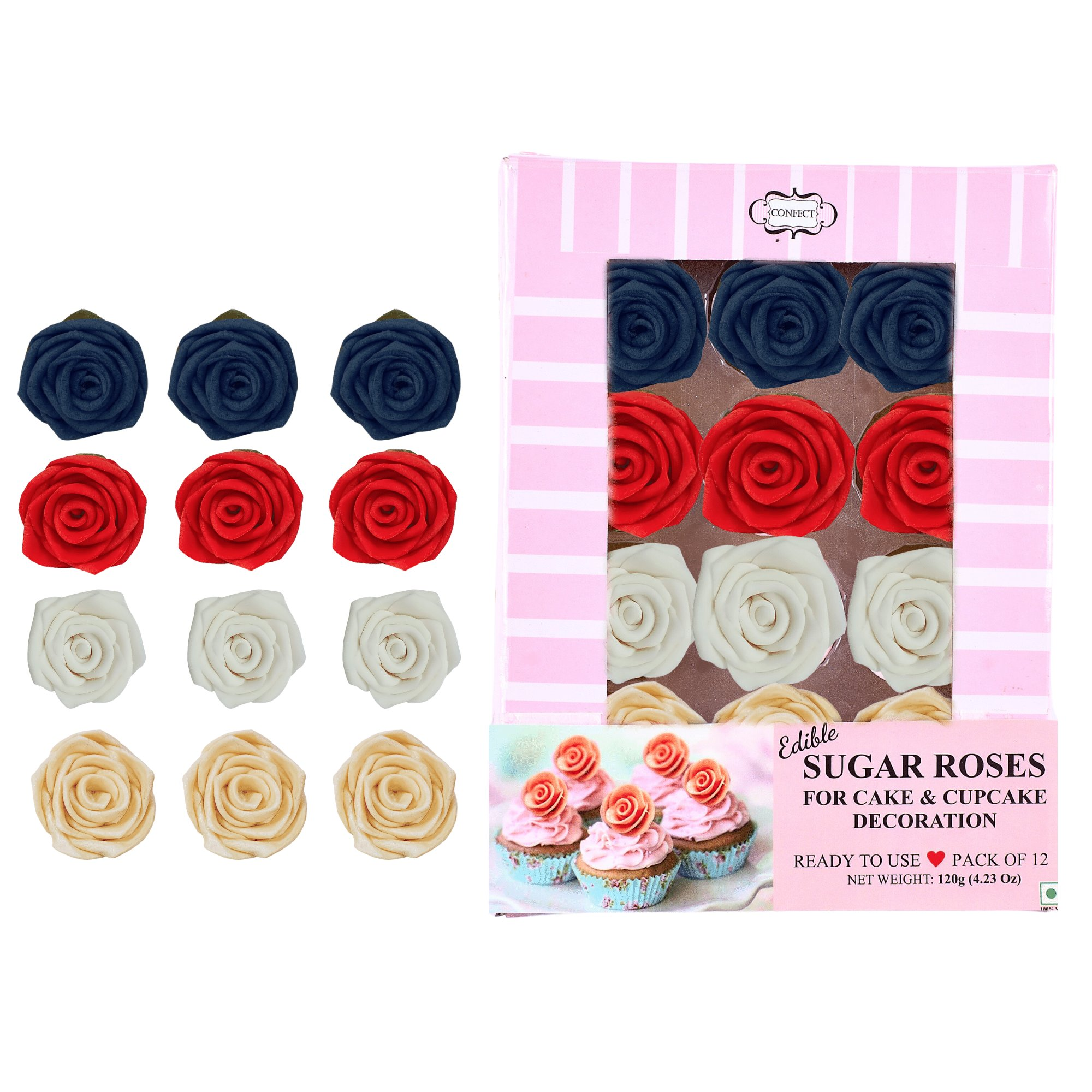 Confect Edible Sugar Roses Cake Toppers - Pack of 12 (02) | Grocsy