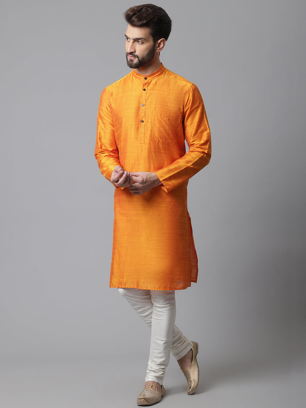 Even Apparels Orange Solid Kurta With Band Collar | Grocsy