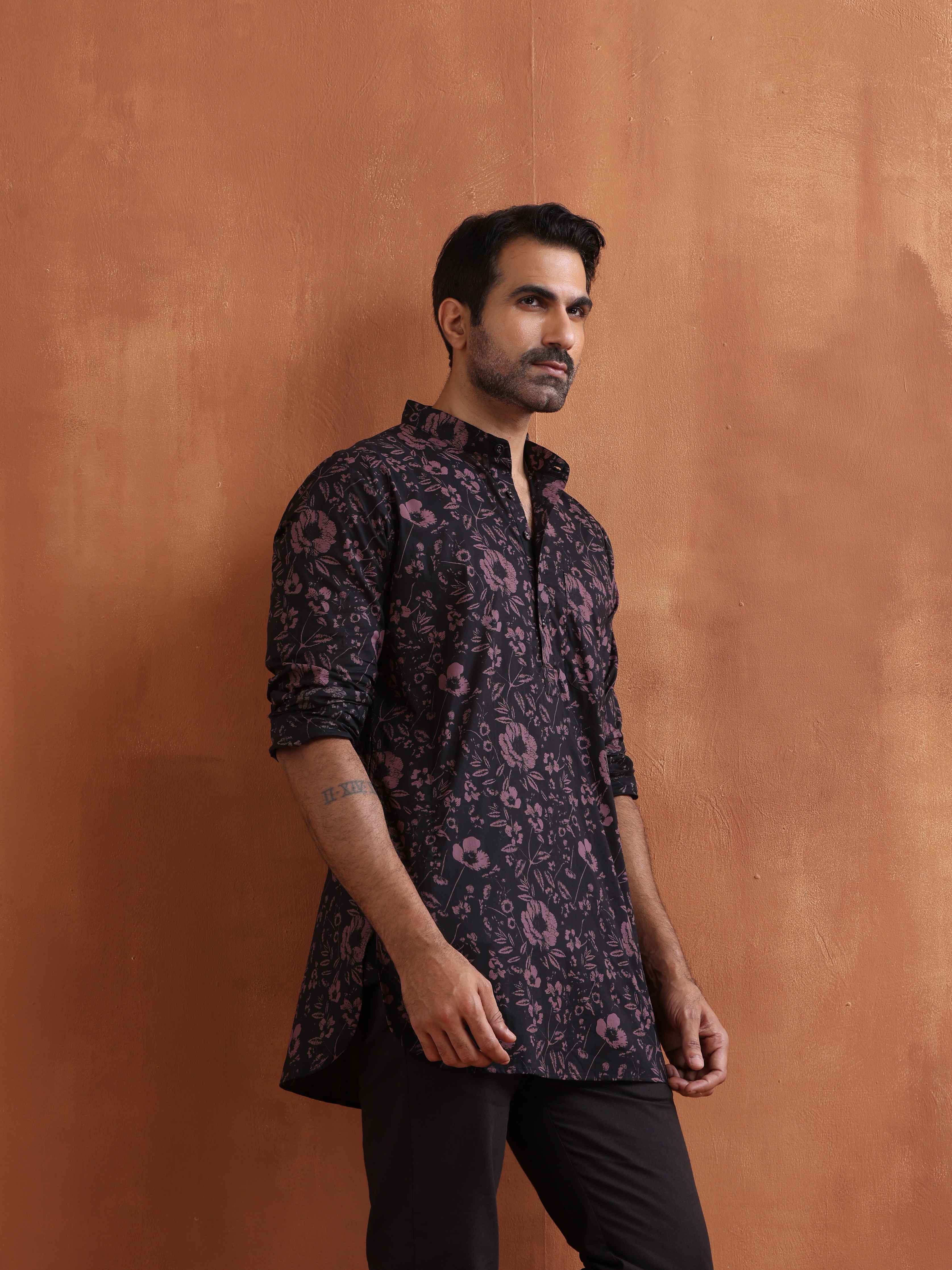 trueBrowns Men's Black Floral Printed Short Kurta | Grocsy