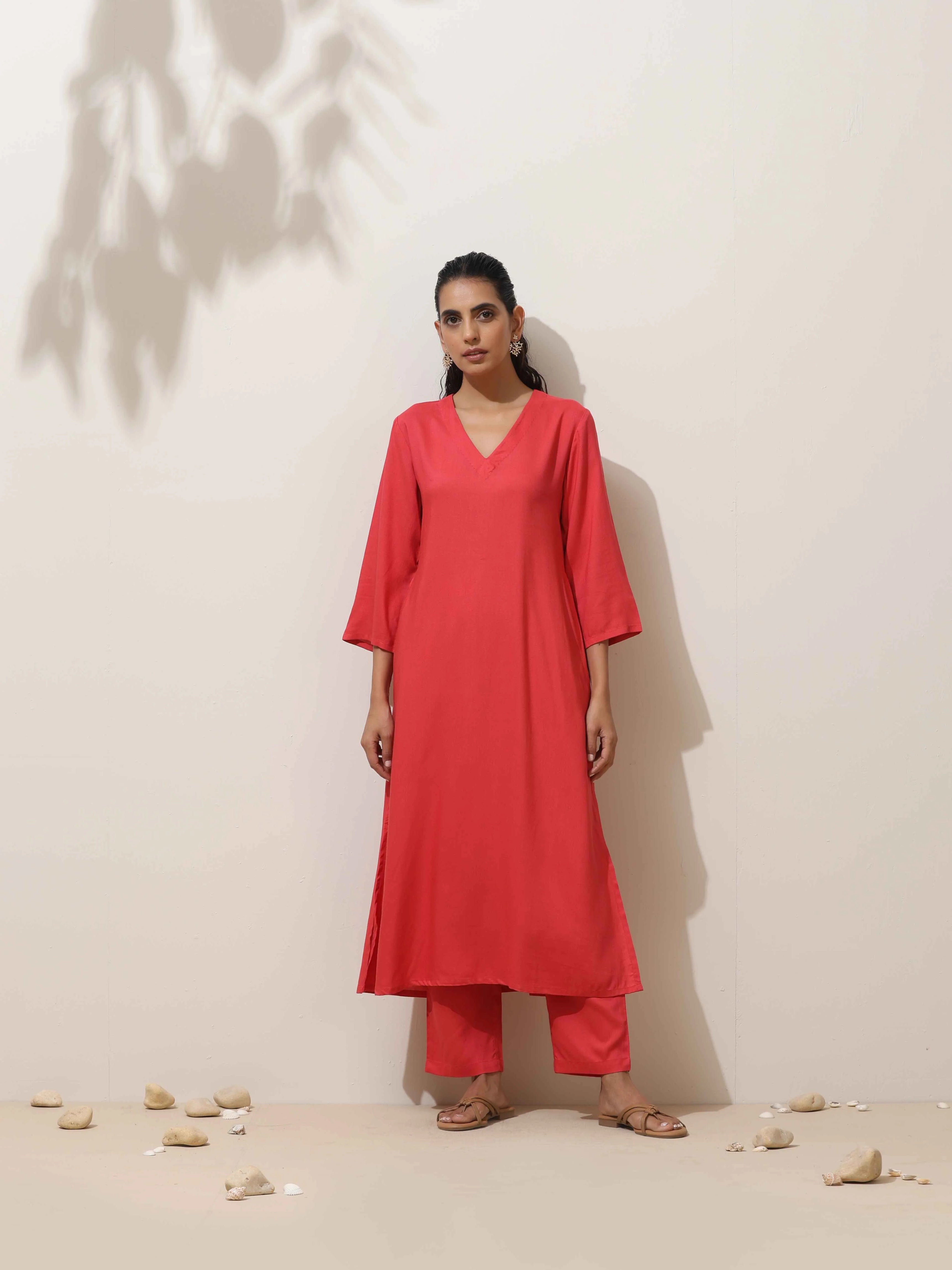 trueBrowns Coral Viscose Solid Kurta Pant Set | Grocsy