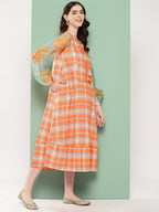 Ahalyaa Checked Tie-Up Neck Sequined Ethnic A-Line Midi Dress | Grocsy