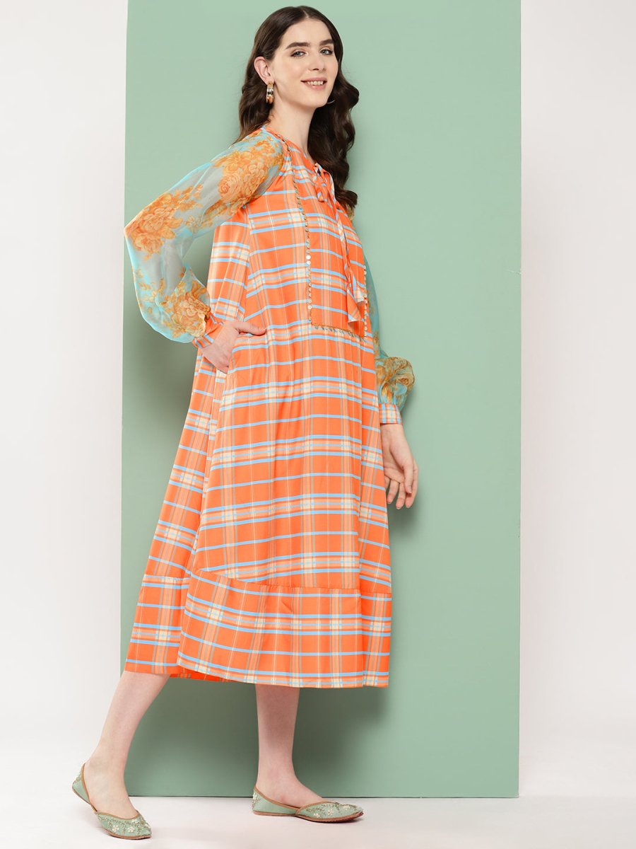 Ahalyaa Checked Tie-Up Neck Sequined Ethnic A-Line Midi Dress | Grocsy