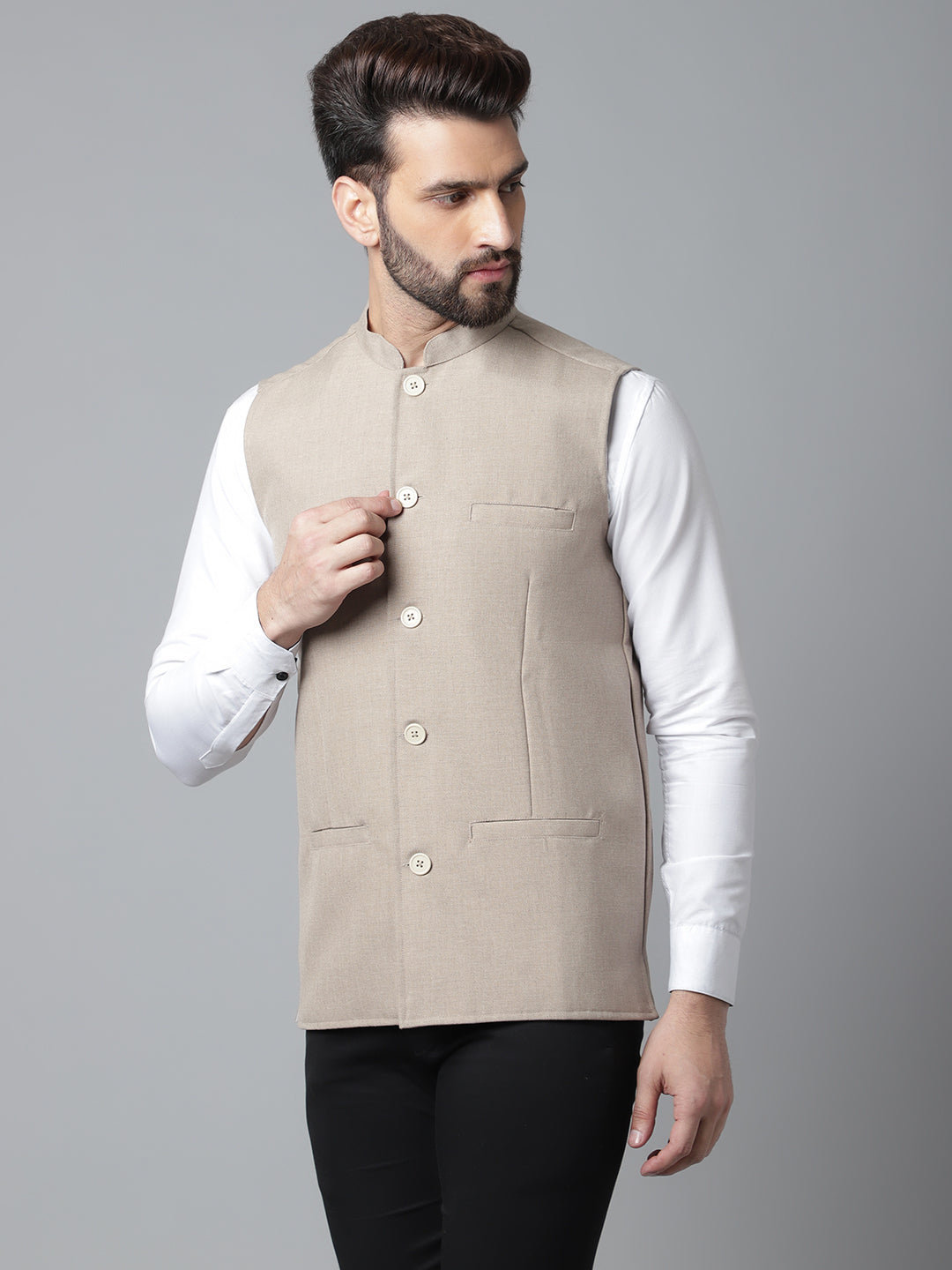Even Apparels Men's Brown Nehru Jacket With Welt Pockets | Grocsy