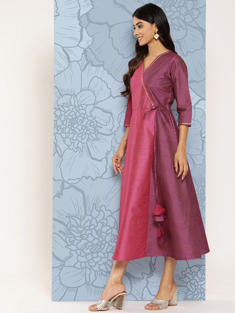 Ahalyaa Colourblocked Printed Wrap Ethnic Dress | Grocsy
