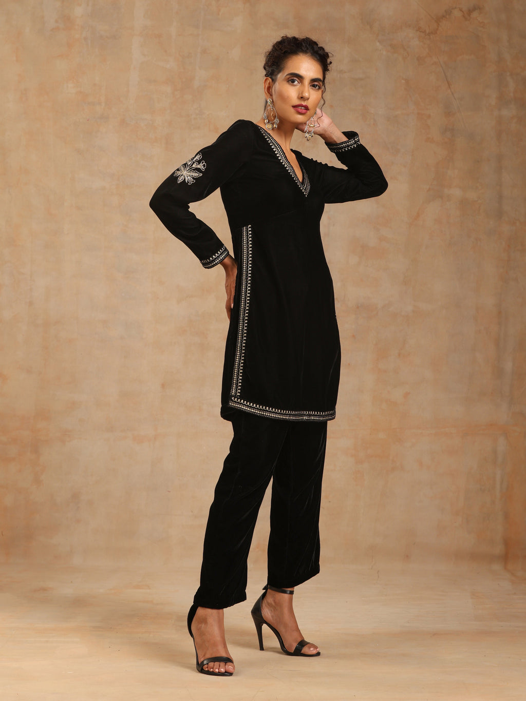 trueBrowns Black Velvet Embroidered Co-ord Set | Grocsy