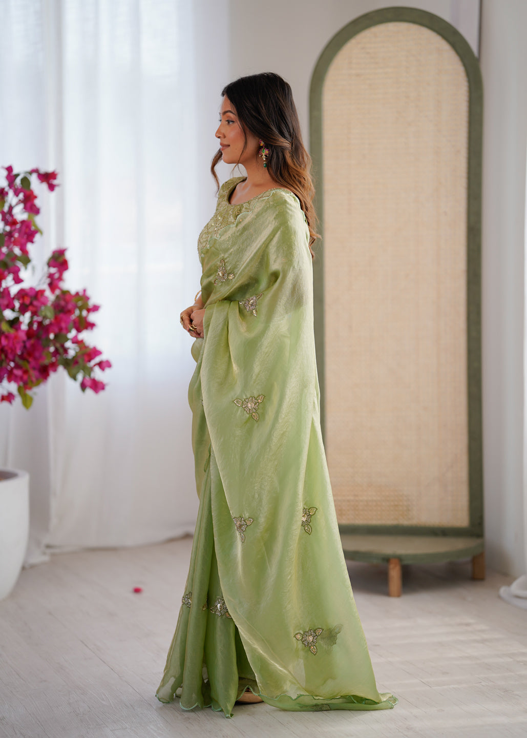 Evanik Designer Heavy Fendy Satin With Beads Embroidered Work Saree With Unstitched Blouse | Grocsy