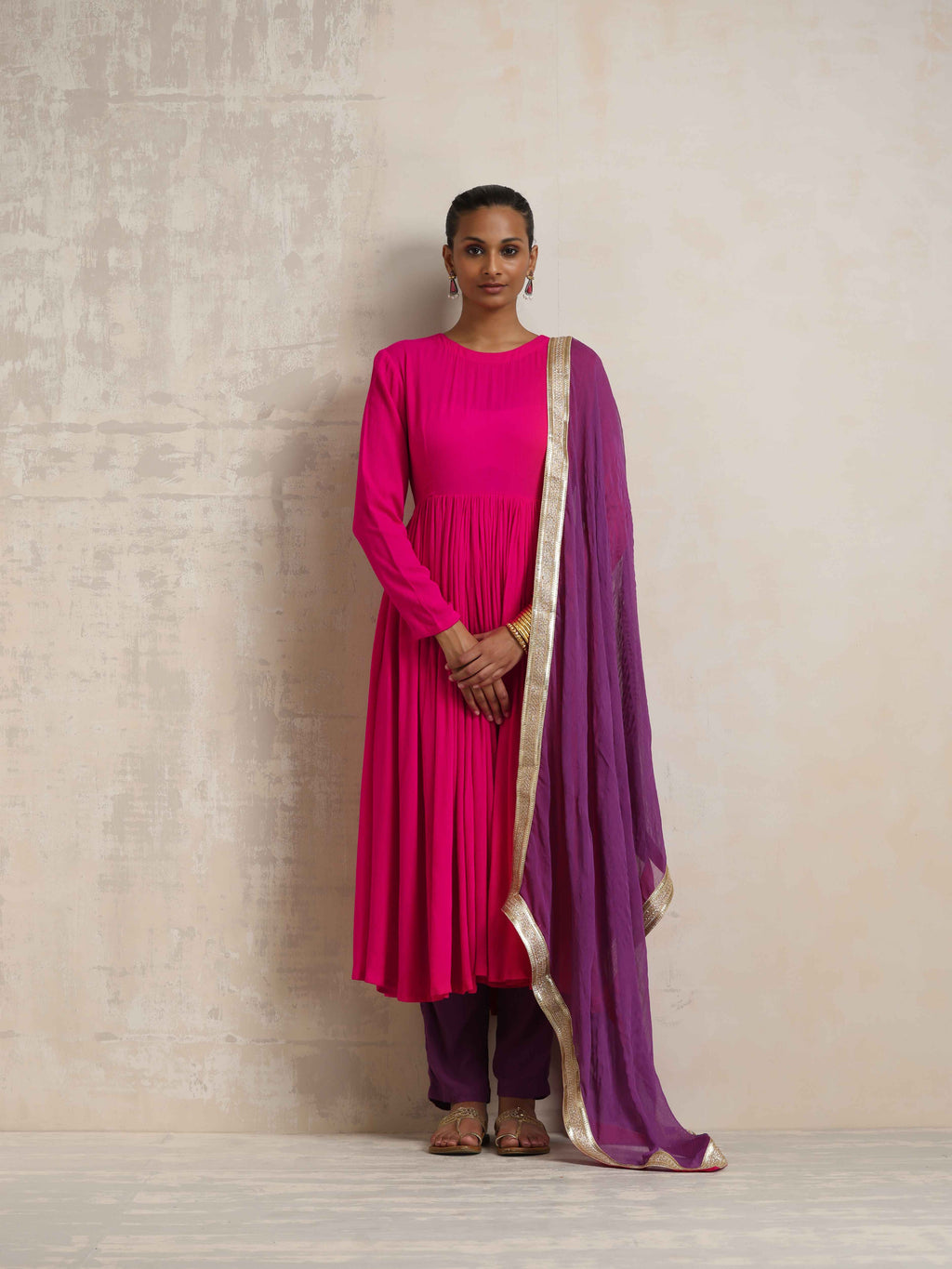 trueBrowns Pink Crinkle Anarkali Kurta Pant Dupatta Set | Grocsy