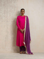trueBrowns Pink Crinkle Anarkali Kurta Pant Dupatta Set | Grocsy