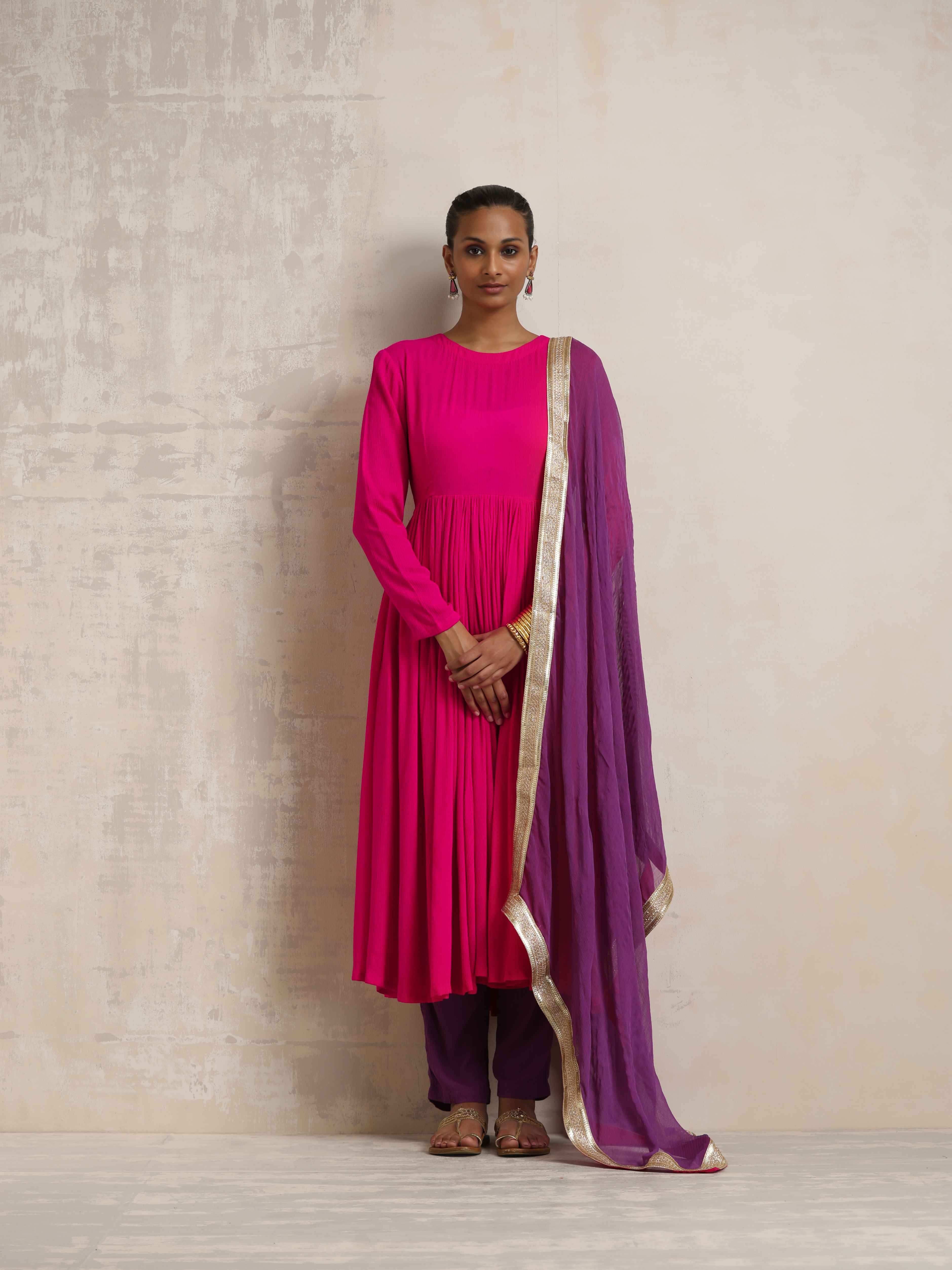 trueBrowns Pink Crinkle Anarkali Kurta Pant Dupatta Set | Grocsy