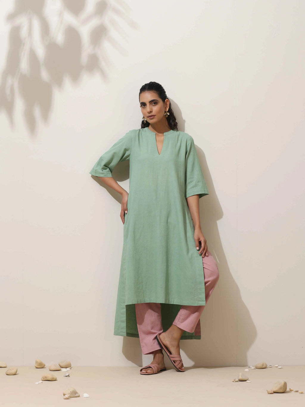 trueBrowns Mint Green Cotton Linen Kurta Pant Set | Grocsy