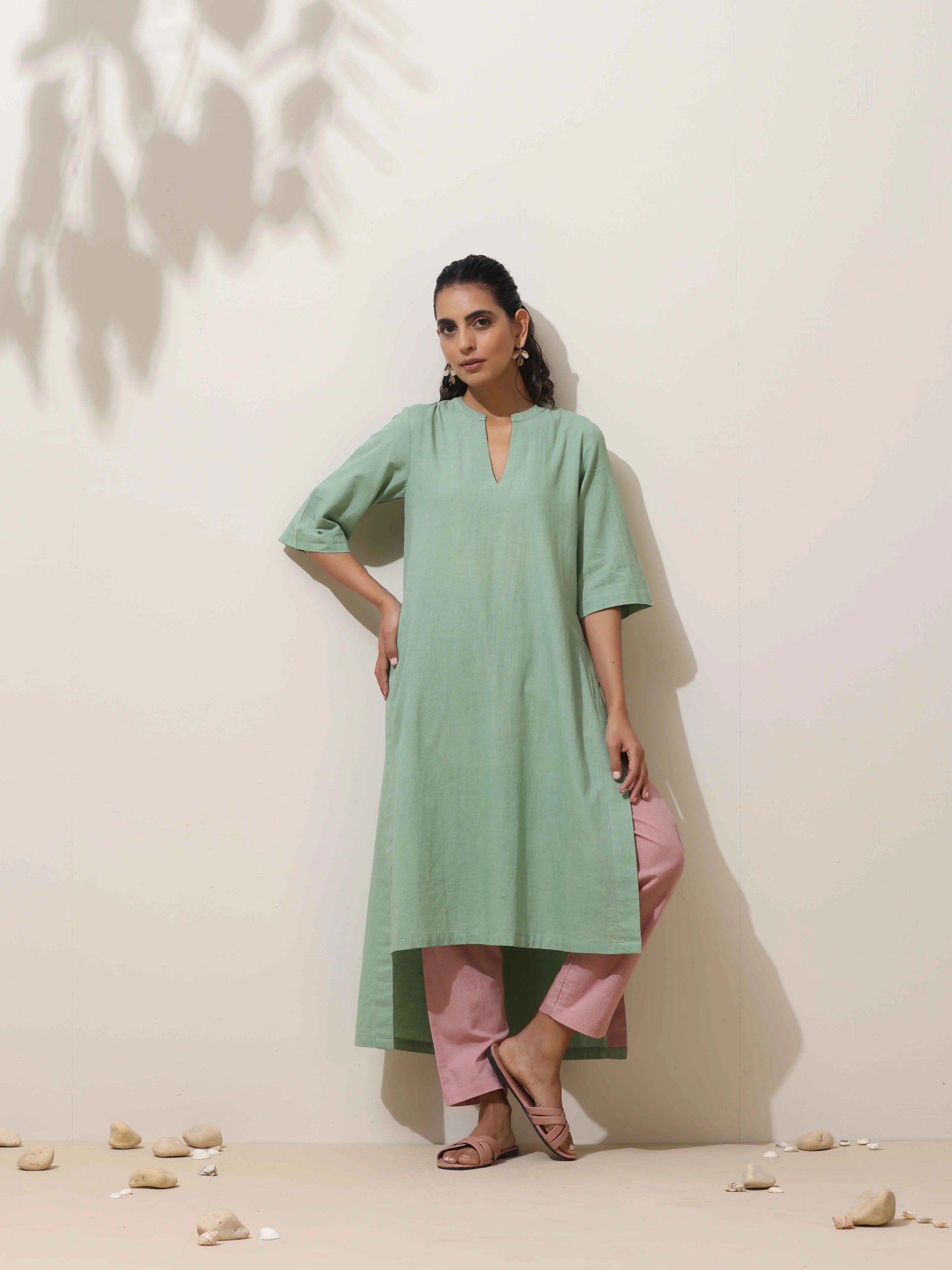 trueBrowns Mint Green Cotton Linen Kurta Pant Set | Grocsy