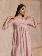 trueBrowns Grey Overall Floral Block Print Cotton Flared Slit Kurta Pant Set | Relove | Grocsy