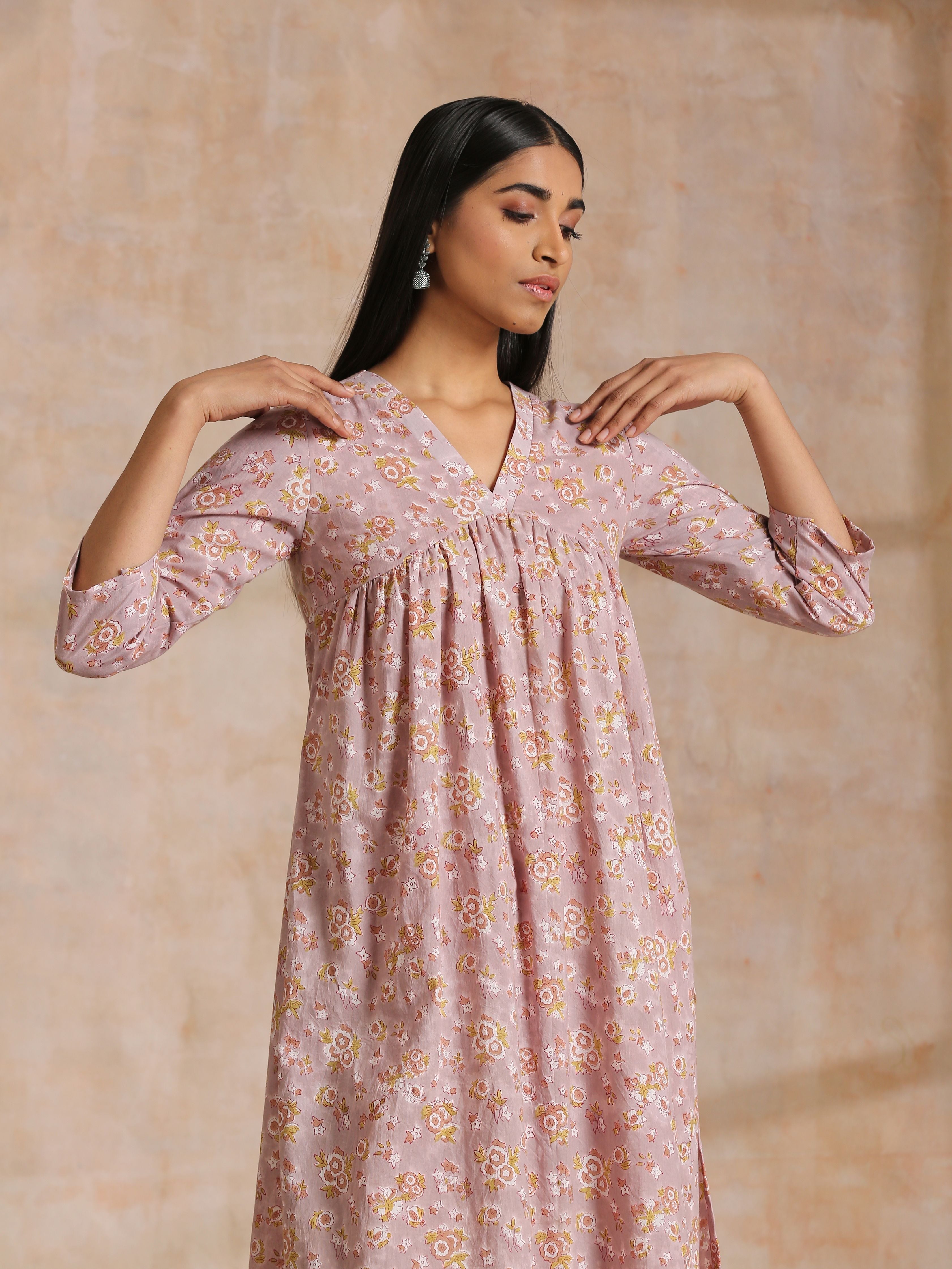 trueBrowns Grey Overall Floral Block Print Cotton Flared Slit Kurta Pant Set | Relove | Grocsy