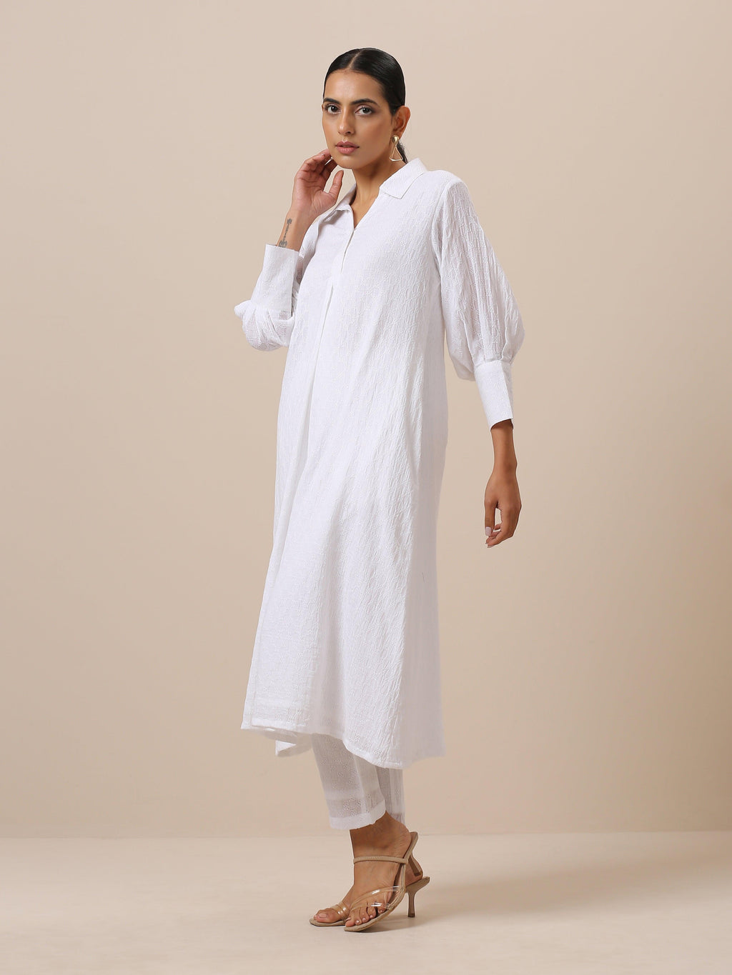 trueBrowns Cotton White Weave Collar Kurta Pant Set | Relove | Grocsy