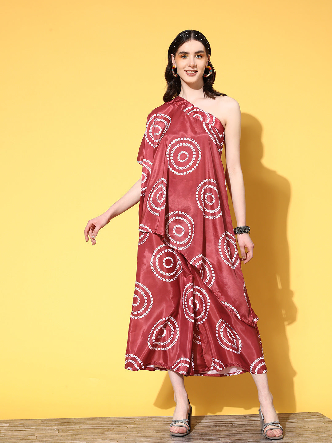 InWeave Women's Maroon Bandhani Motif One Shoulder Palazzo Set | Grocsy