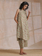 trueBrowns Beige Overall Brown Floral Block Print Cotton High-Low Co-Ord Set | Grocsy