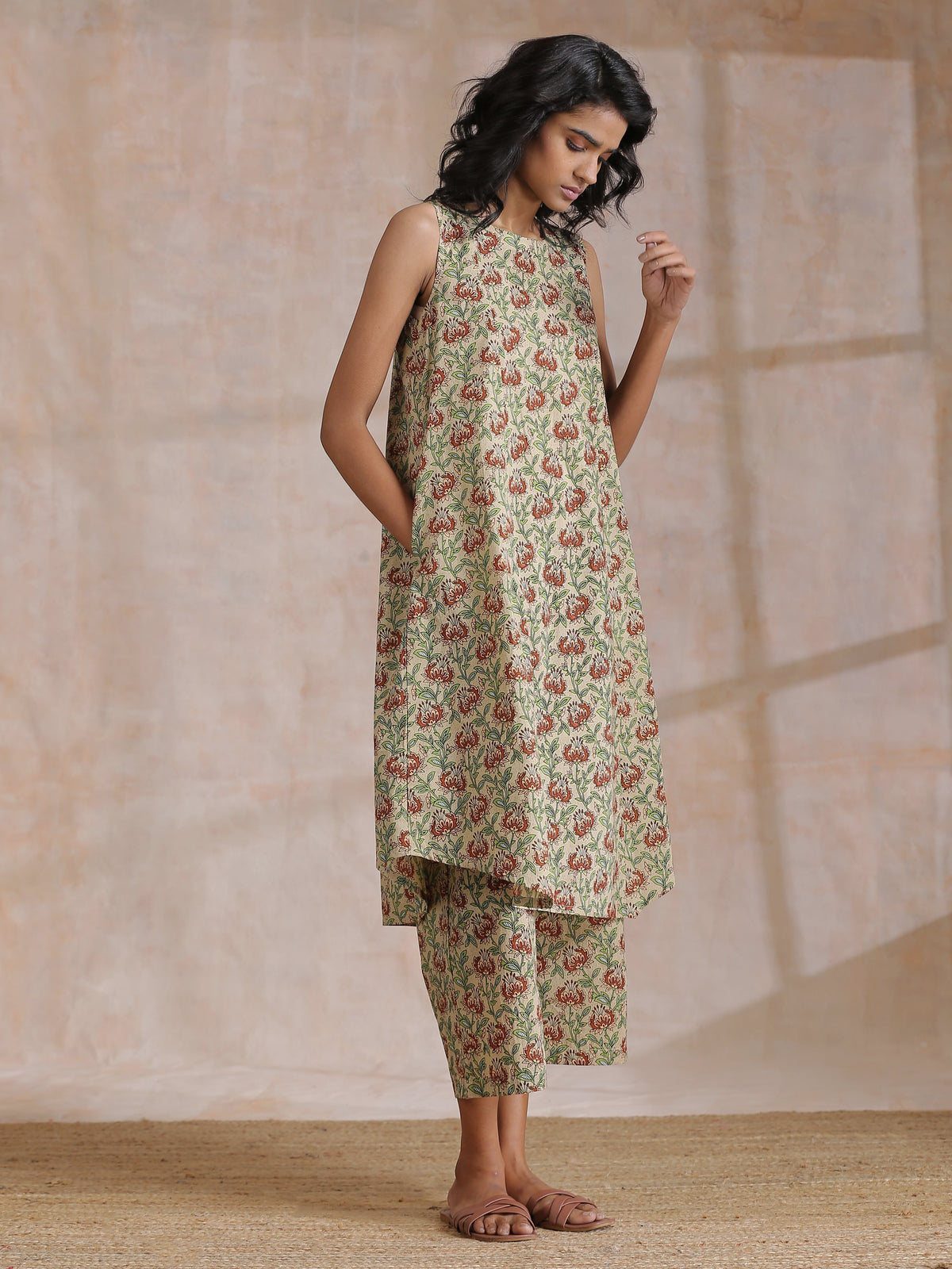 trueBrowns Beige Overall Brown Floral Block Print Cotton High-Low Co-Ord Set | Grocsy