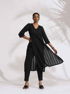 trueBrowns Black Cotton High Slit Kurta Set | Grocsy