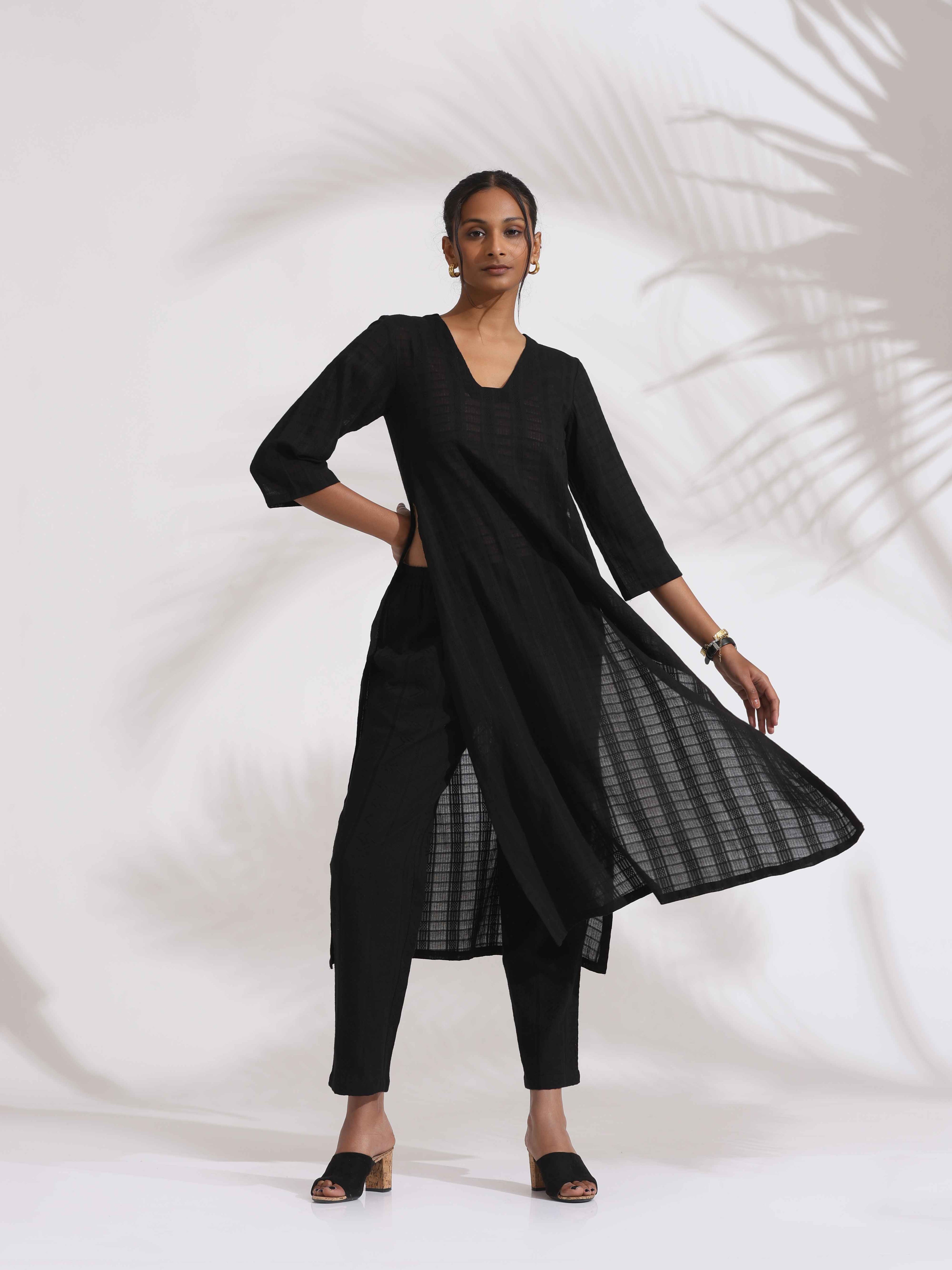trueBrowns Black Cotton High Slit Kurta Set | Grocsy