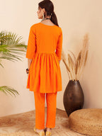 InWeave Women's Orange Round Neck Square Gota Work Kurta Pant Set | Grocsy