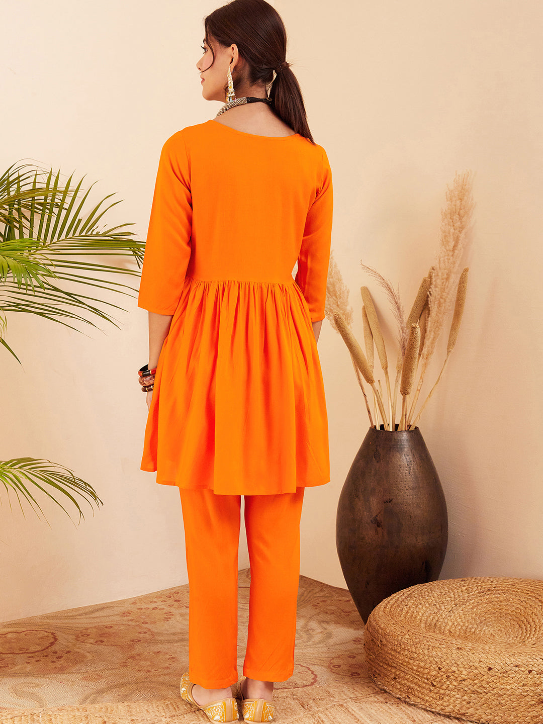 InWeave Women's Orange Round Neck Square Gota Work Kurta Pant Set | Grocsy
