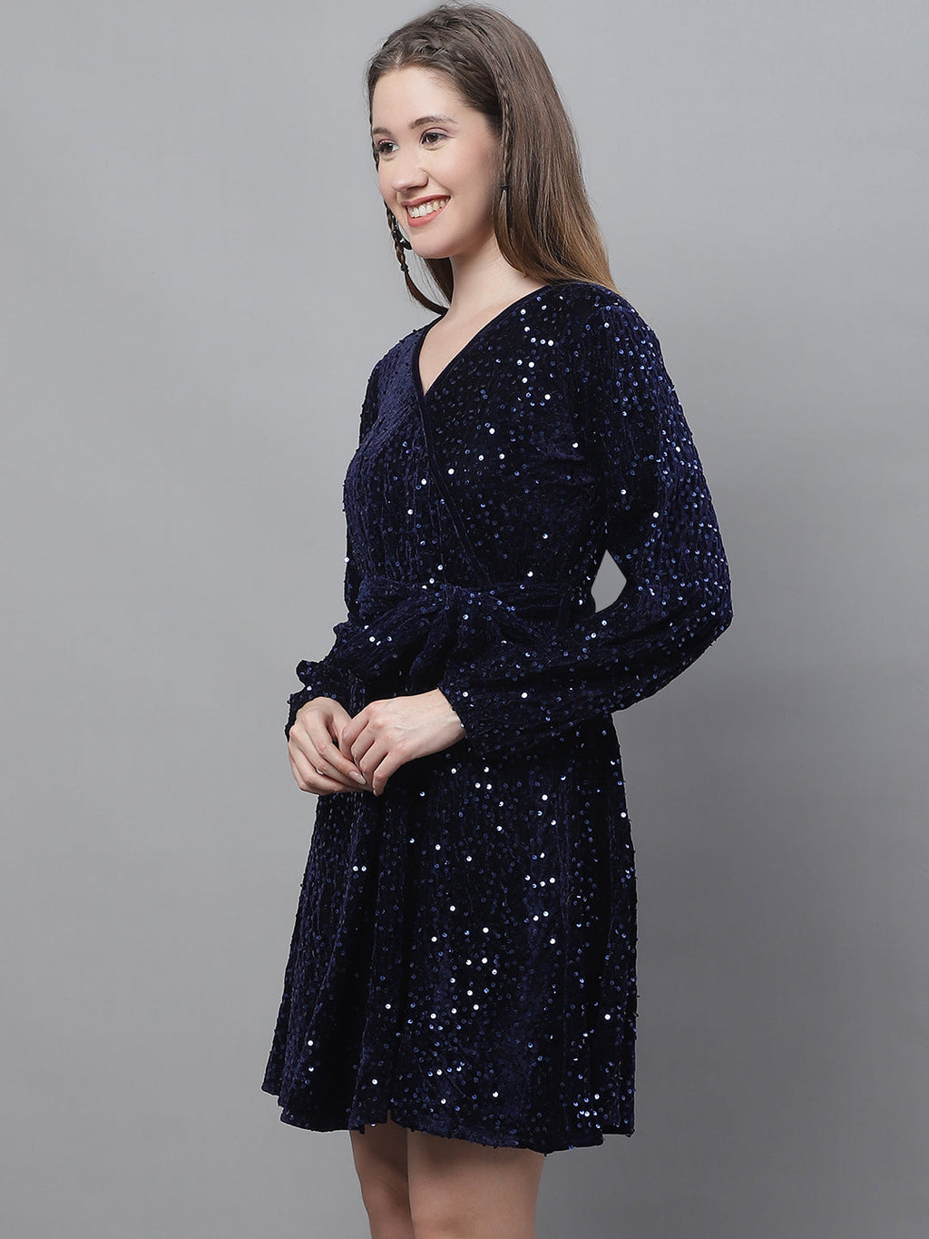 Jainish Women's WoSequin Velvet A-line dress - Navy Blue | Grocsy