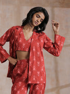trueBrowns Red On Red Ikat Print Cotton Pant Suit Set | Grocsy
