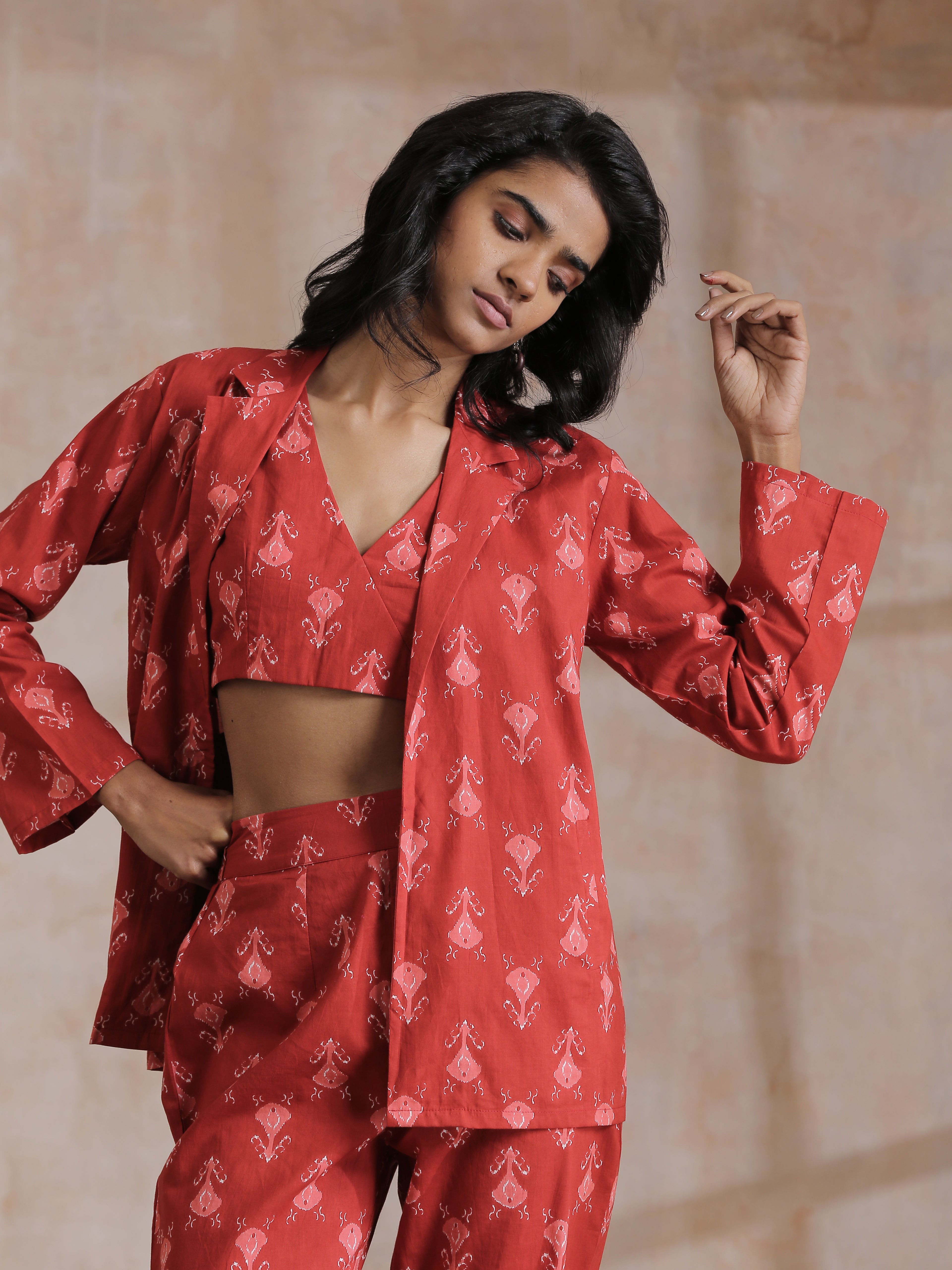 trueBrowns Red On Red Ikat Print Cotton Pant Suit Set | Grocsy