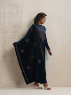 trueBrowns Blue Velvet Floral Embroidered Kurta Pant Dupatta Set | Grocsy