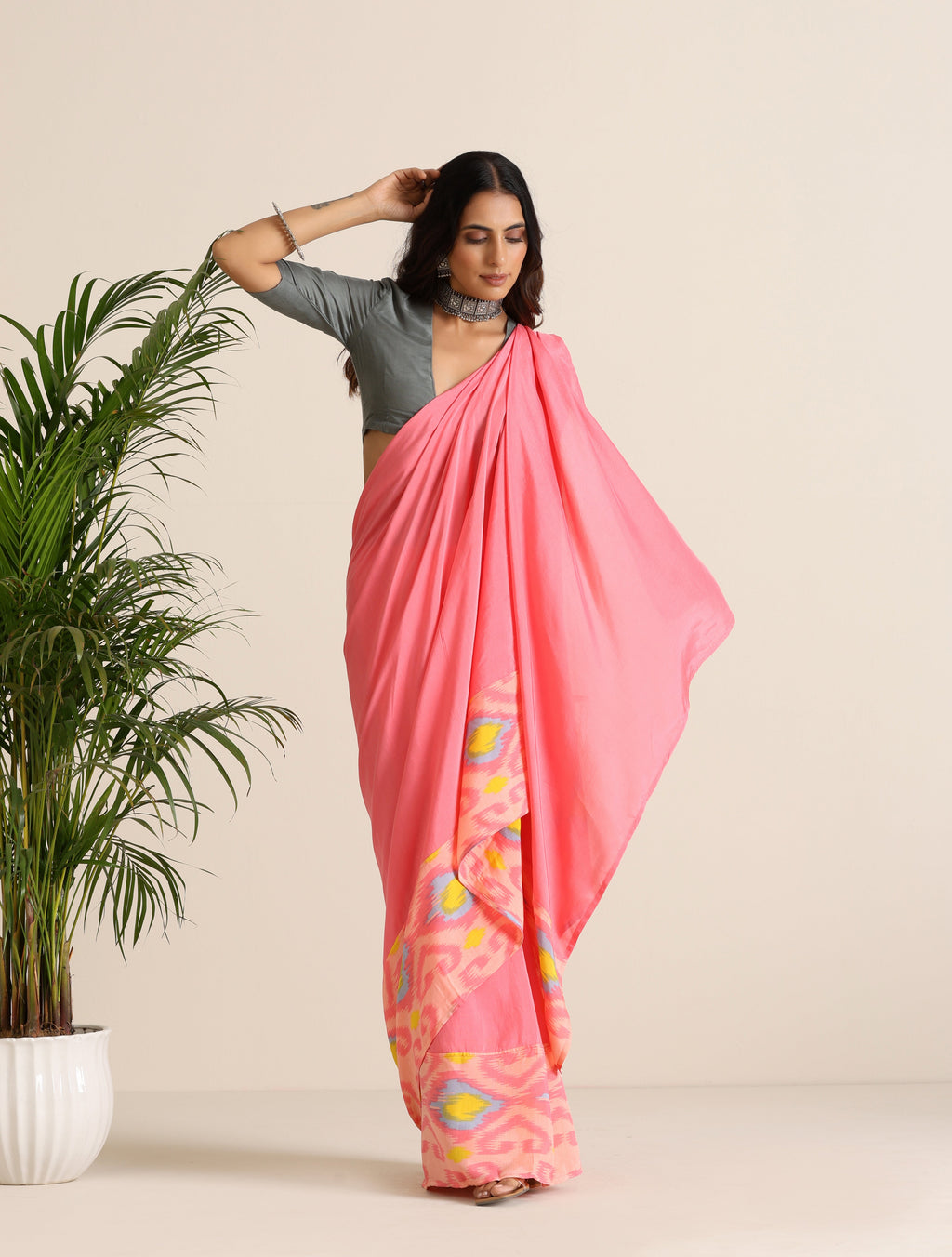 trueBrowns Pink Lime Muslin Ikat Saree | Grocsy