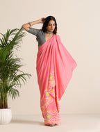 trueBrowns Pink Lime Muslin Ikat Saree | Grocsy