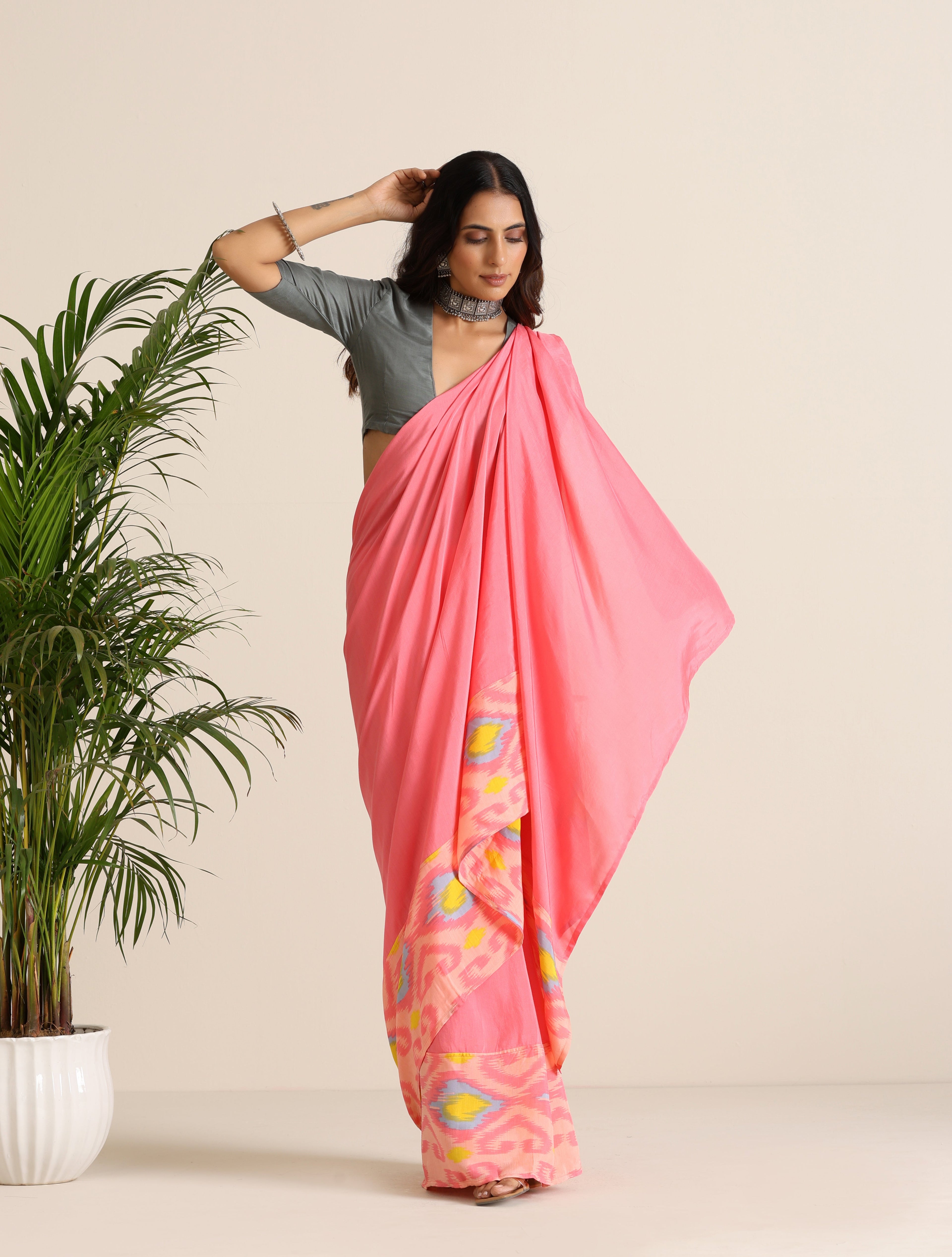 trueBrowns Pink Lime Muslin Ikat Saree | Grocsy