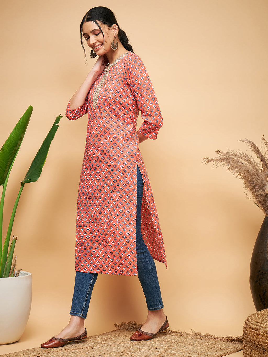 InWeave Women's Coral Blue Boota Print Gota Straight Kurta | Grocsy