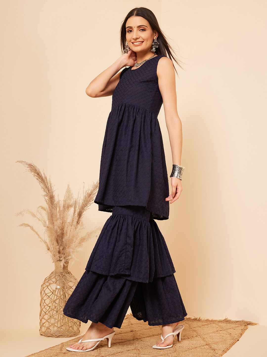 InWeave Women's Navy Blue Lace Work Double Layer Sharara Set | Grocsy