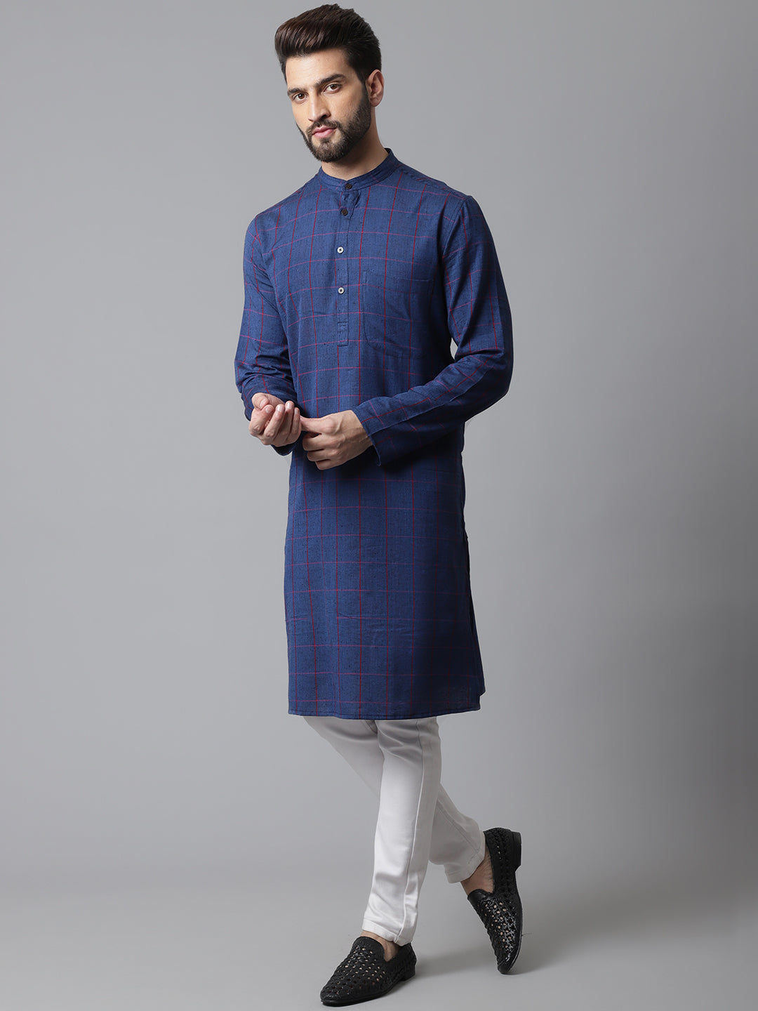 Even Apparels Blue Long Kurta With Band Collar | Grocsy