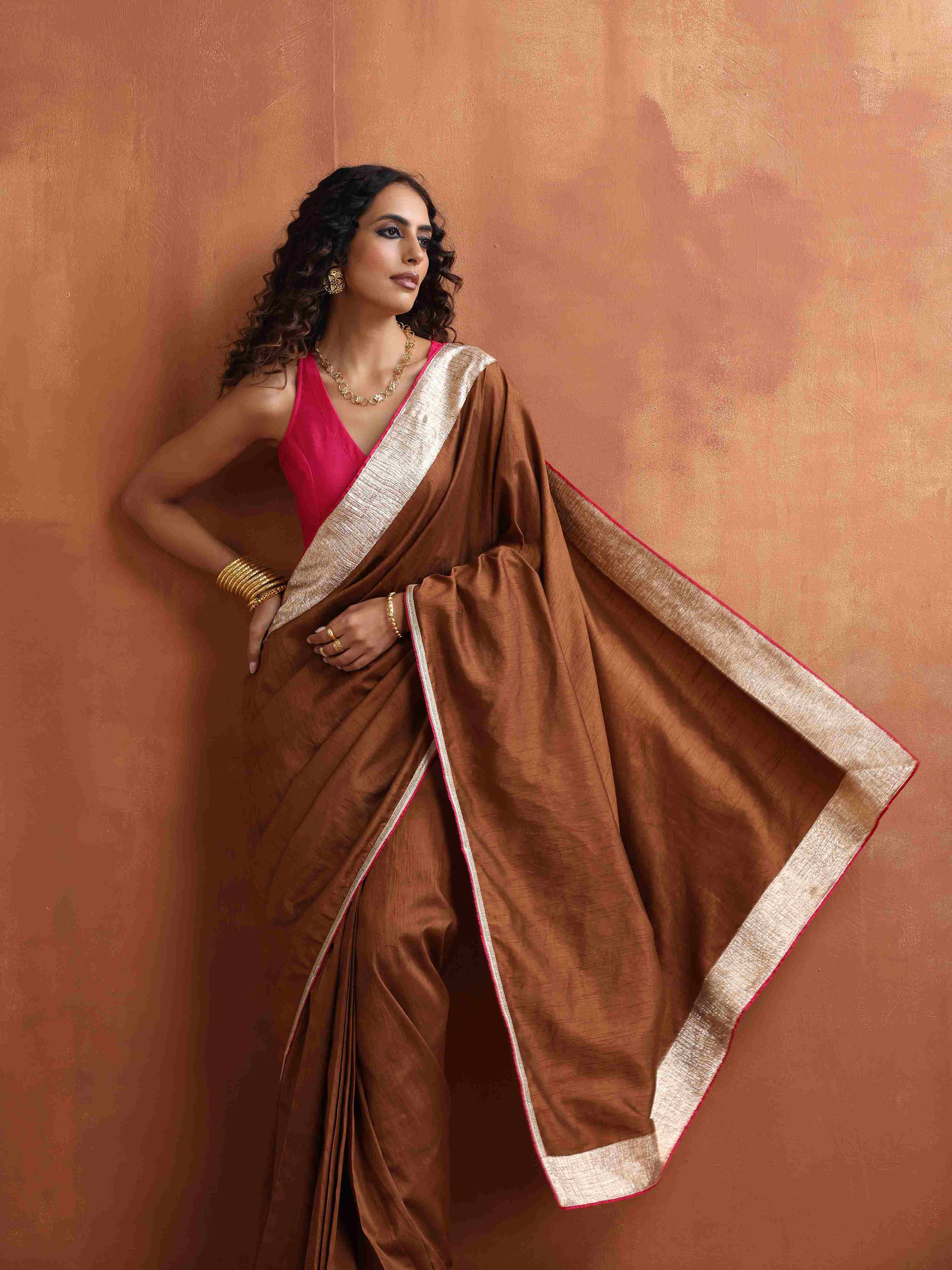 trueBrowns Brown Silk Ready To Wear Saree | Grocsy