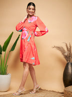 InWeave Women's Dark Orange Pink Blue Flower Belted Dress | Grocsy
