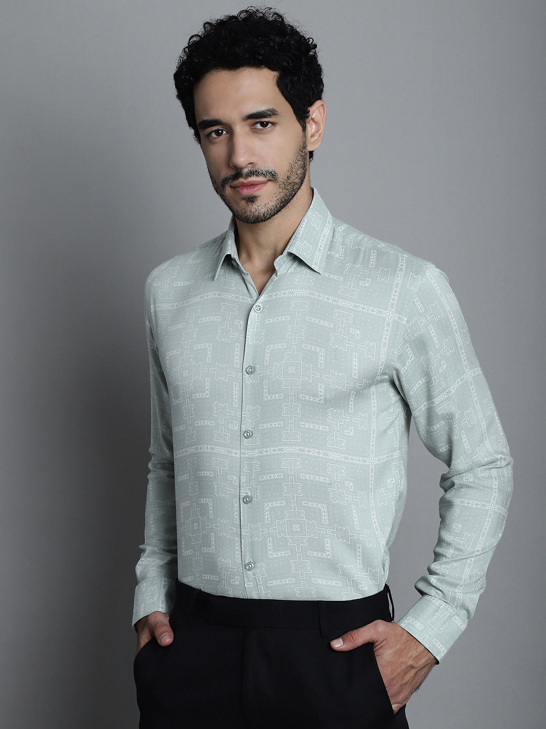Jainish Men's Geomatric Printed Formal Shirts - Pista | Grocsy