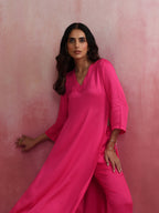 trueBrowns Pink Modal High Slit Kurta Set | Grocsy