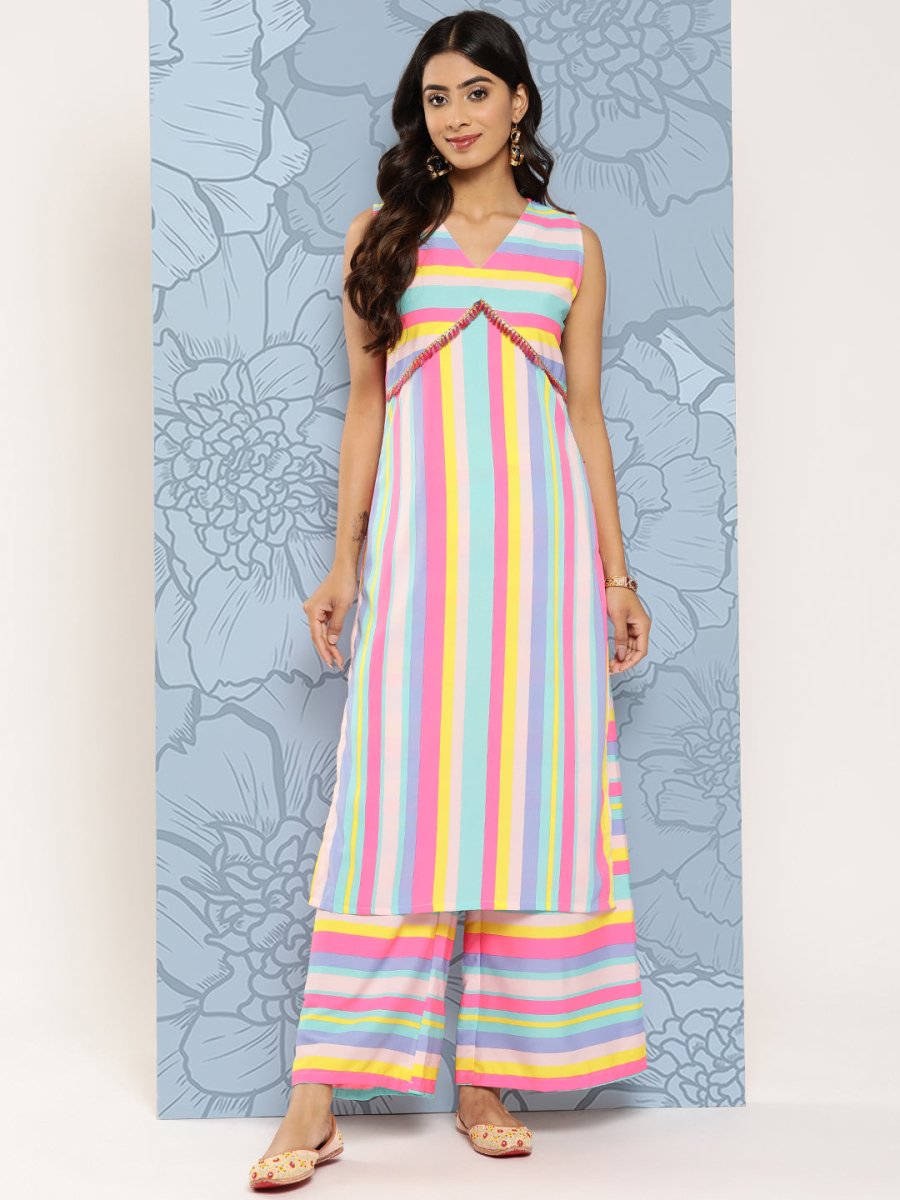 Ahalyaa Striped Empire Gotta Patti Kurta With Palazzos | Grocsy