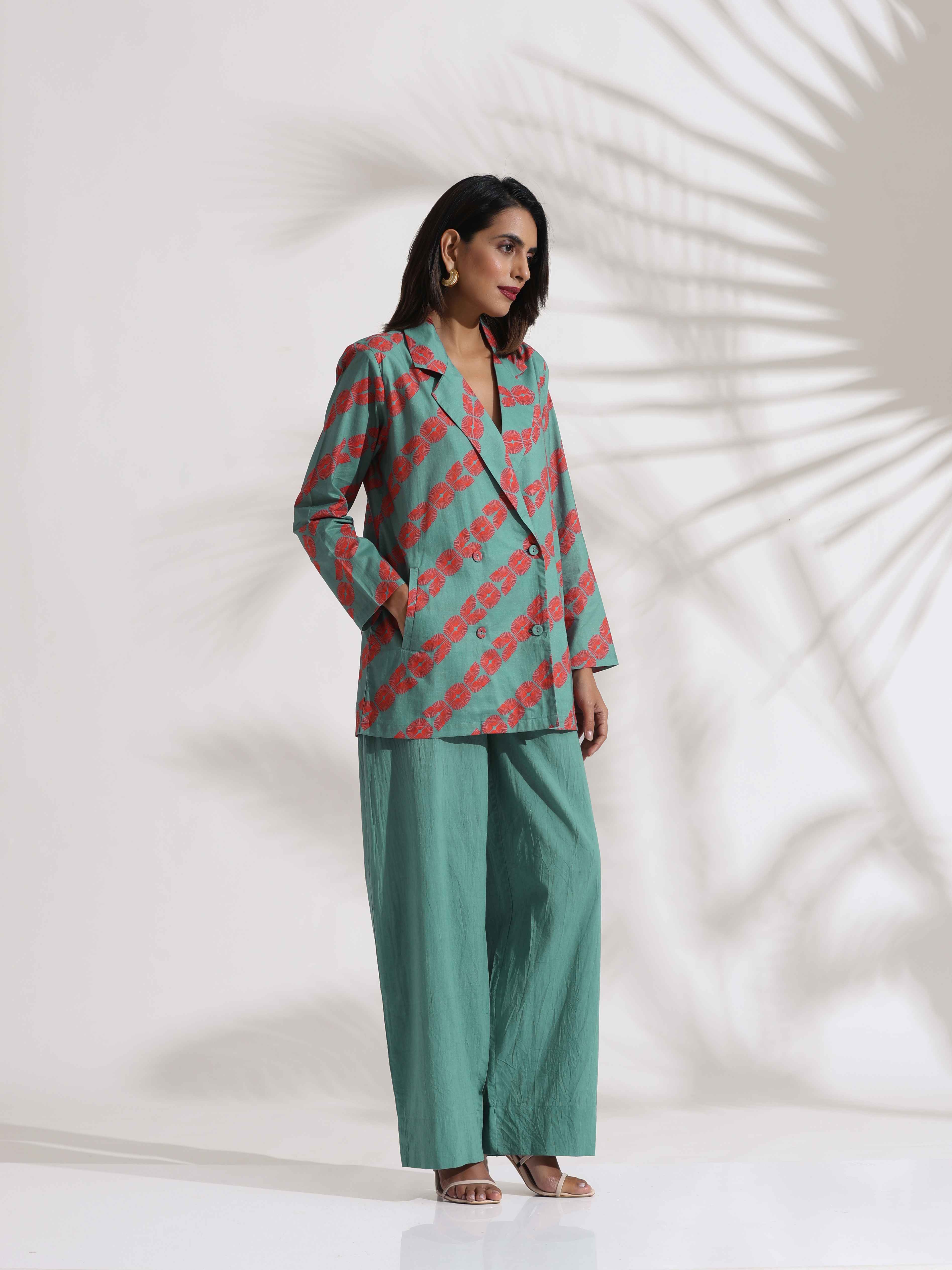 trueBrowns Green Cotton Print Jacket Top Co-ord Set | Grocsy