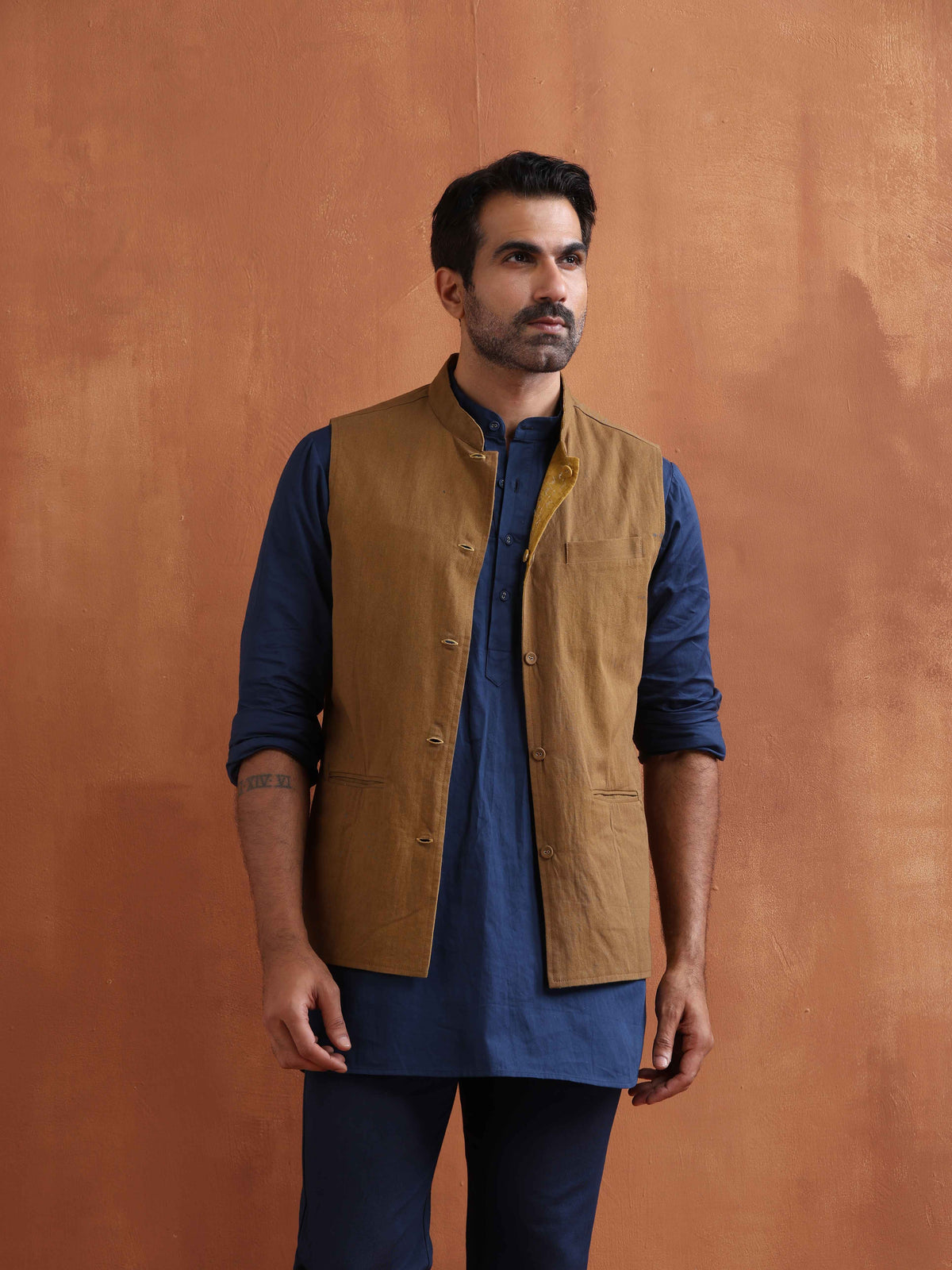 trueBrowns Men's Mustard Cotton Dobby Reversible Nehru Jacket | Grocsy