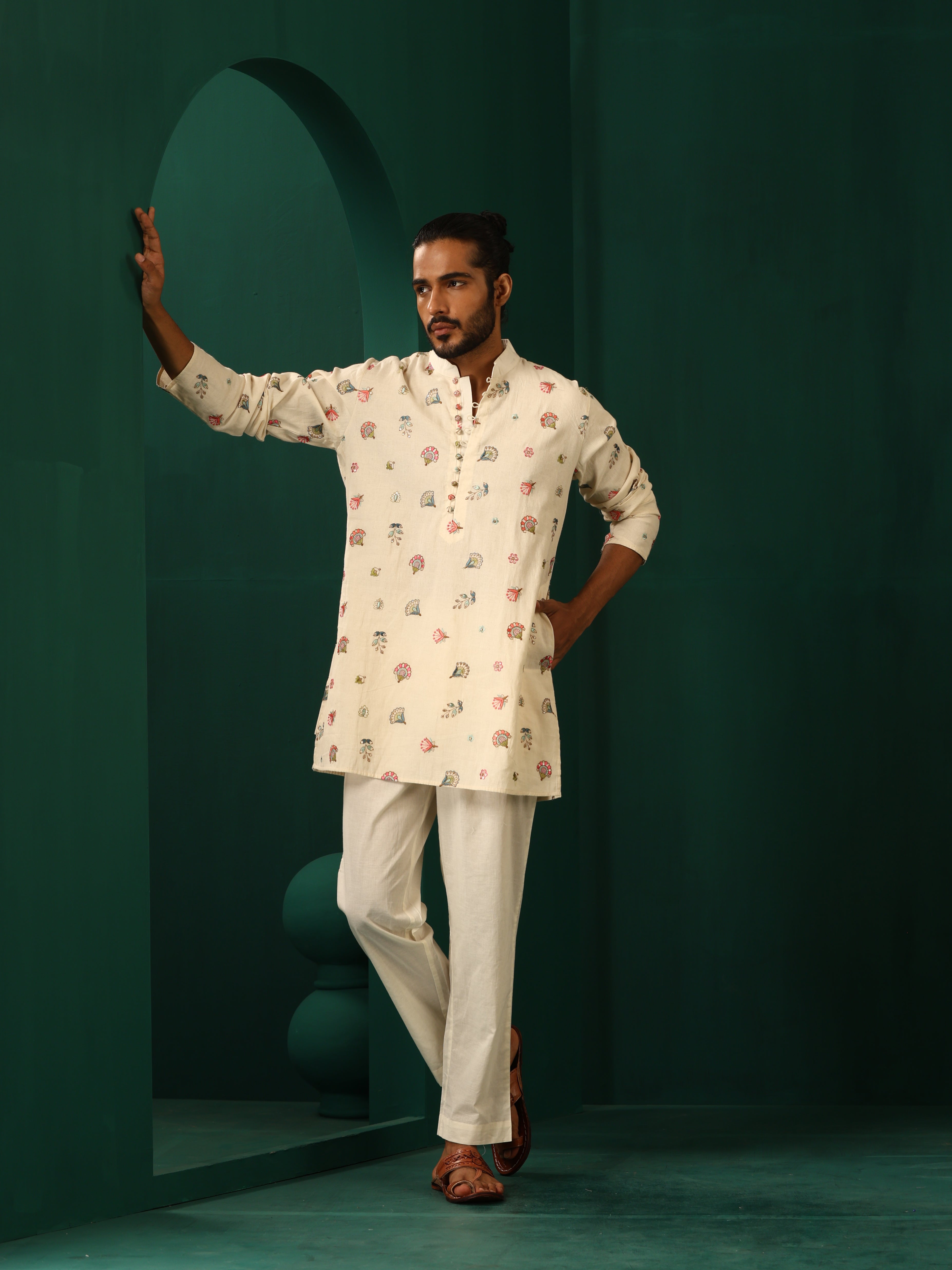 trueBrowns Men's Ivory Multi color Floral Cotton Co-ord Set | Grocsy