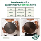 The Indus Valley Super Smooth Cast Iron Tawa,Pre-seasoned, Nonstick, 100% Pure, Toxin-free, Spatula, 26.7cm/30.2cm | Grocsy